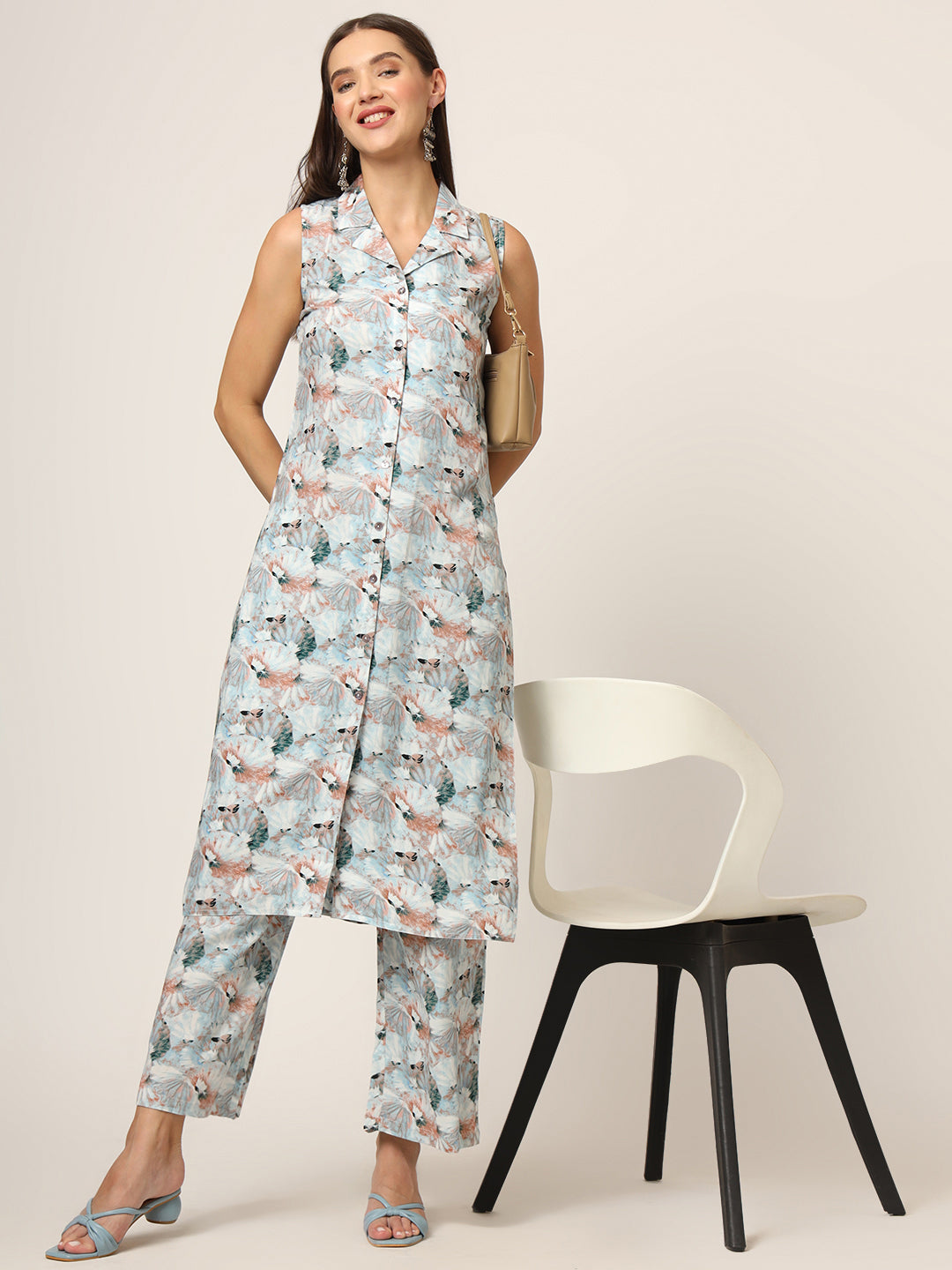 Sky Blue Printed Rayon Fabric Straight Kurta