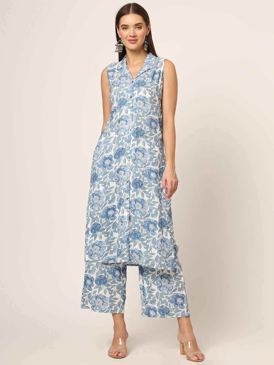 Blue Printed Rayon Fabric Straight Kurta Set