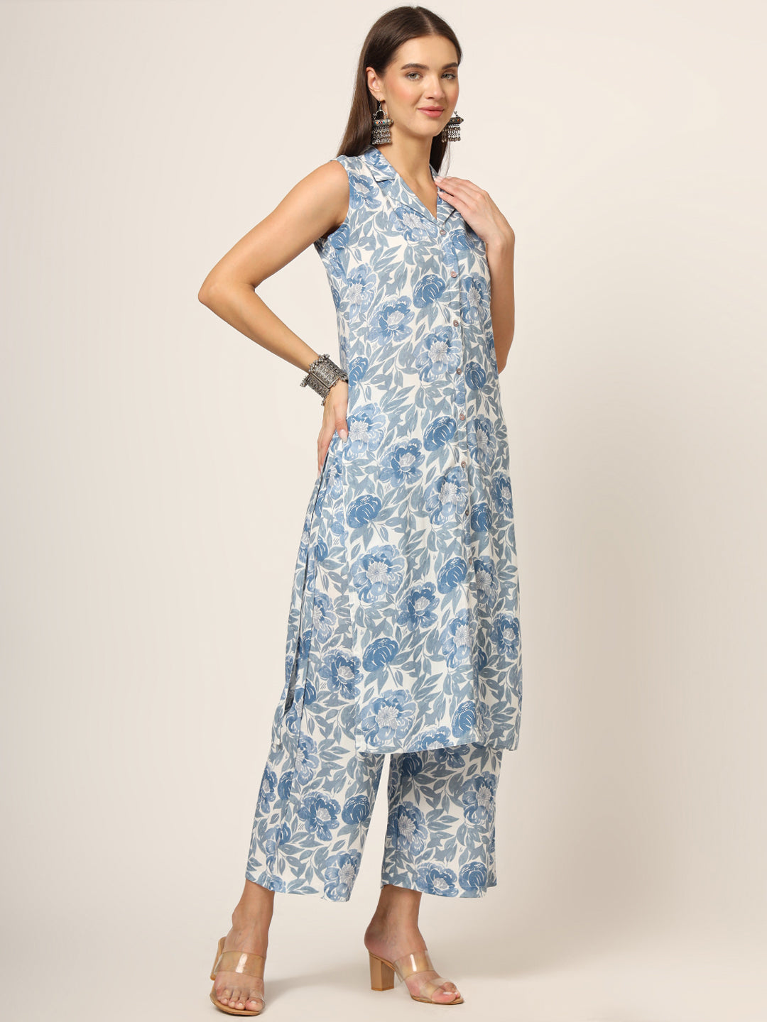 Blue Printed Rayon Fabric Straight Kurta Set