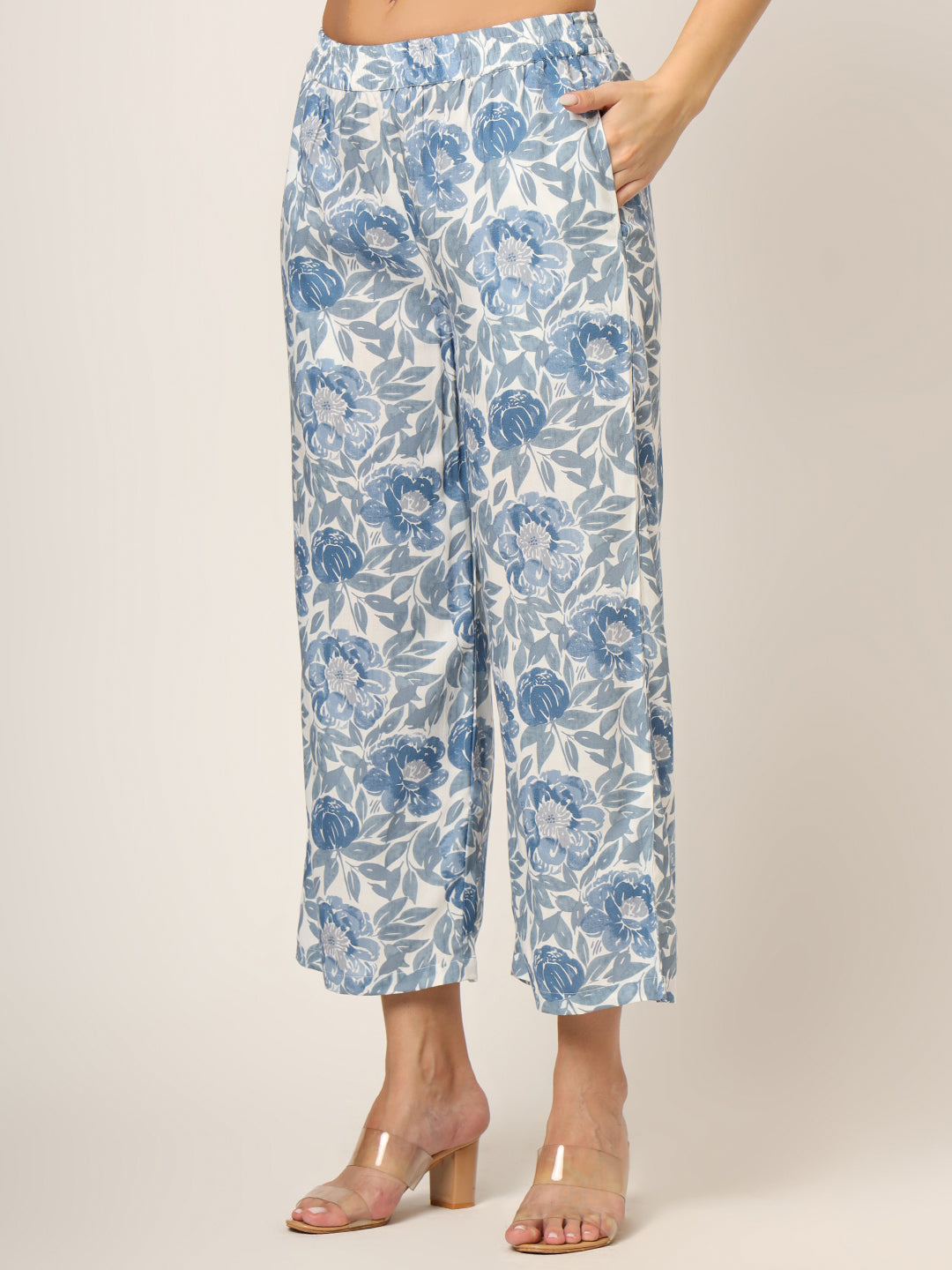 Blue Printed Rayon Fabric Straight Kurta Set