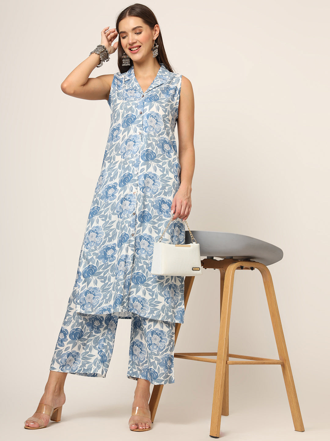 Blue Printed Rayon Fabric Straight Kurta Set