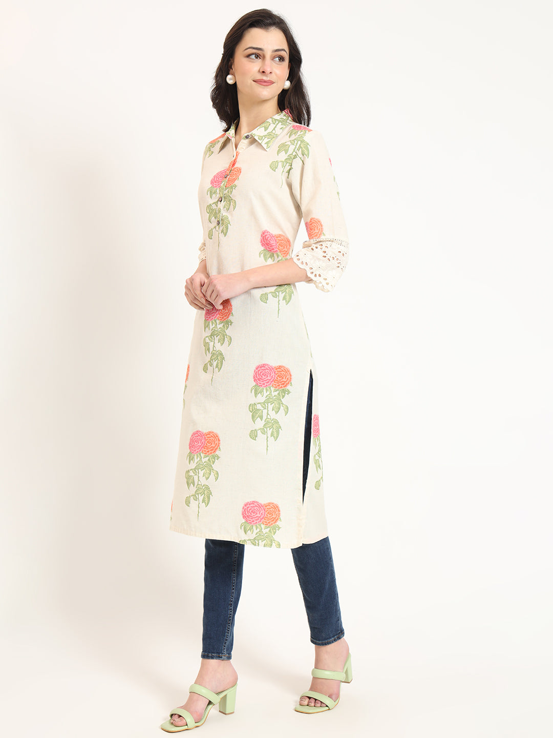 Cream Pink Floral Print Cotton Fabric Kurta