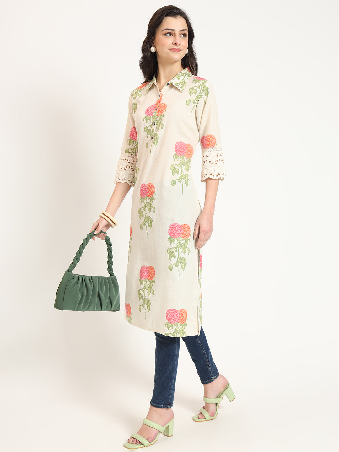 Cream Pink Floral Print Cotton Fabric Kurta