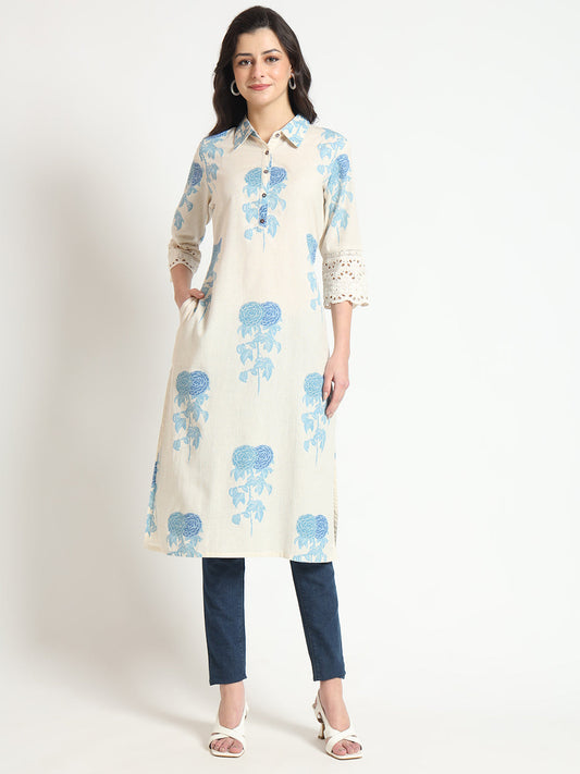 Cream Blue Floral Print Cotton Fabric A-Line Kurta