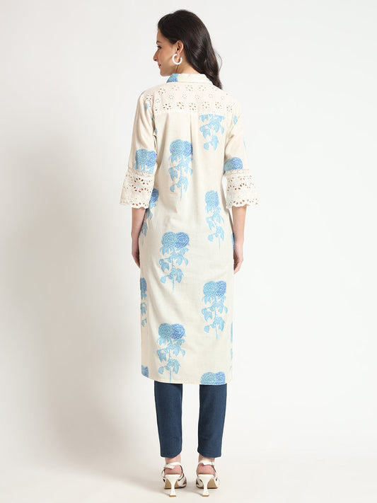 Cream Blue Floral Print Cotton Fabric A-Line Kurta