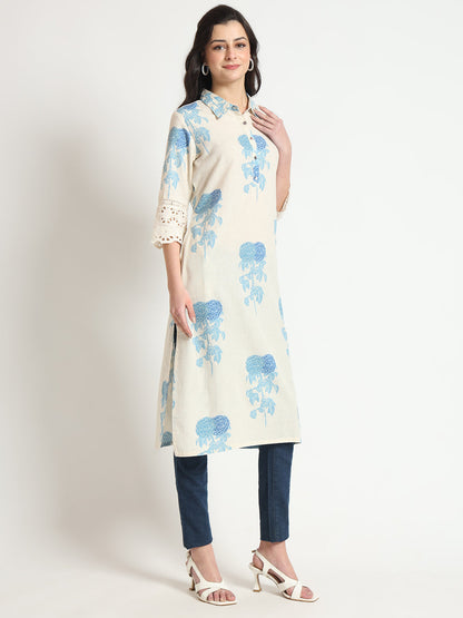 Cream Blue Floral Print Cotton Fabric A-Line Kurta