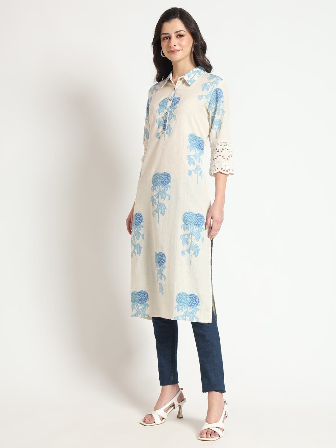 Cream Blue Floral Print Cotton Fabric A-Line Kurta