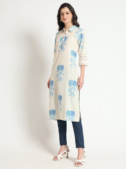 Cream Blue Floral Print Cotton Fabric A-Line Kurta