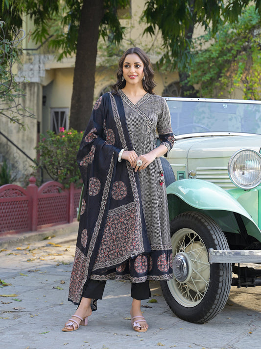 Black Printed Cotton Fabric Anarkali Kurta Pant With Dupatta