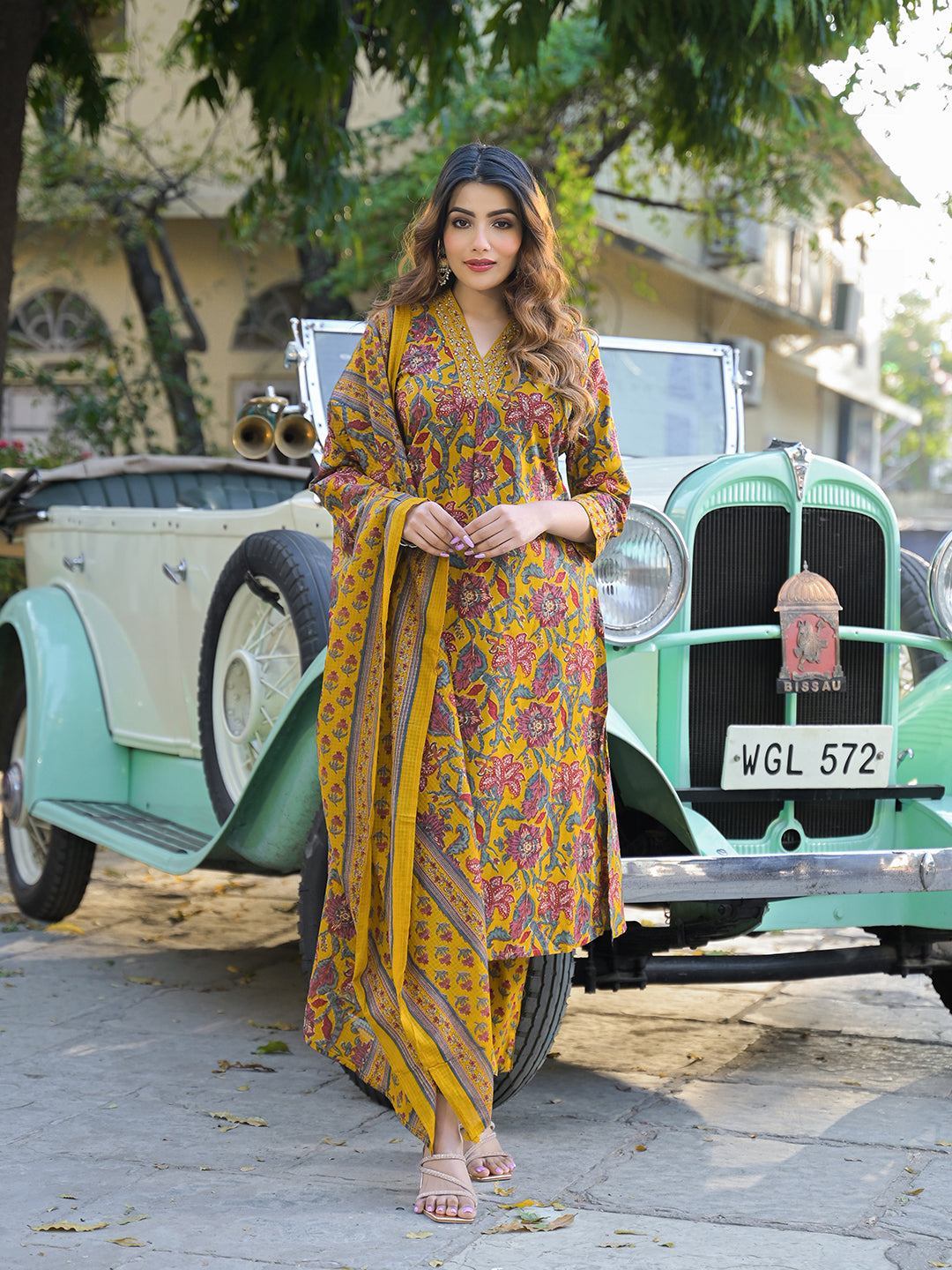 Yellow Floral Print Cotton Fabric A-Line Kurta Pant With Dupatta