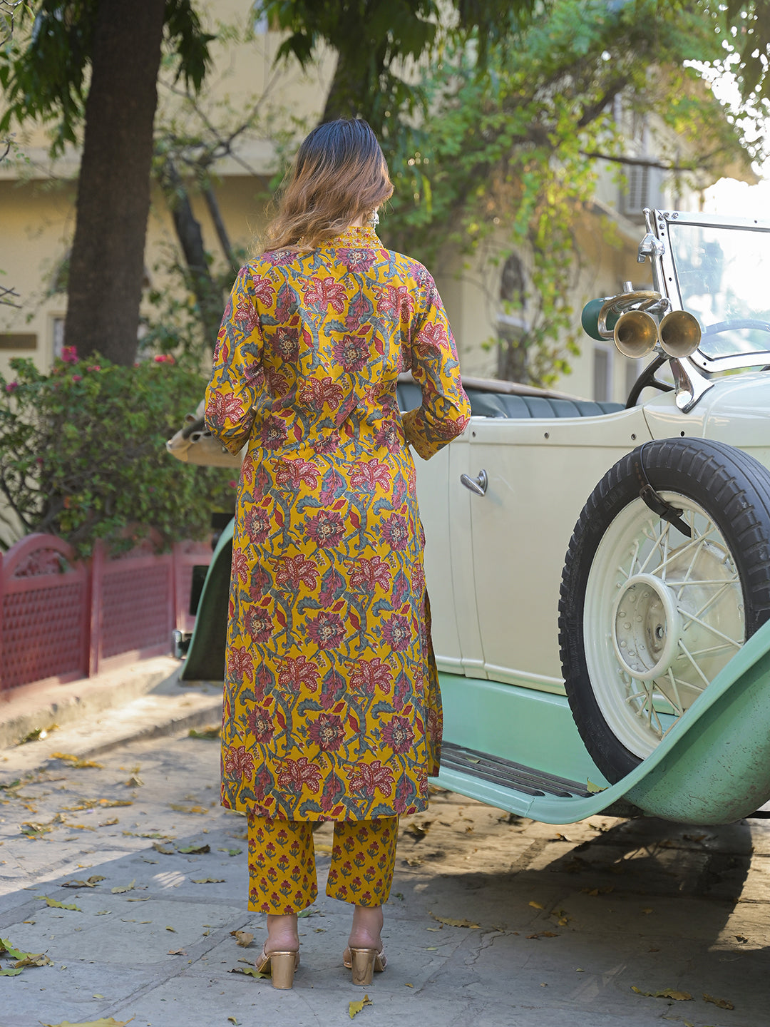 Yellow Floral Print Cotton Fabric A-Line Kurta Pant With Dupatta