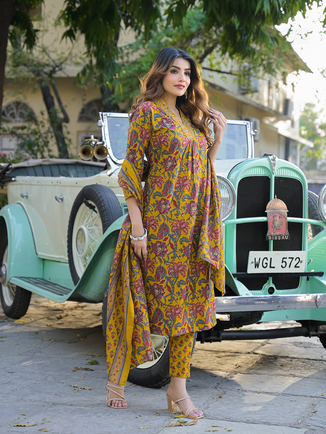 Yellow Floral Print Cotton Fabric A-Line Kurta Pant With Dupatta