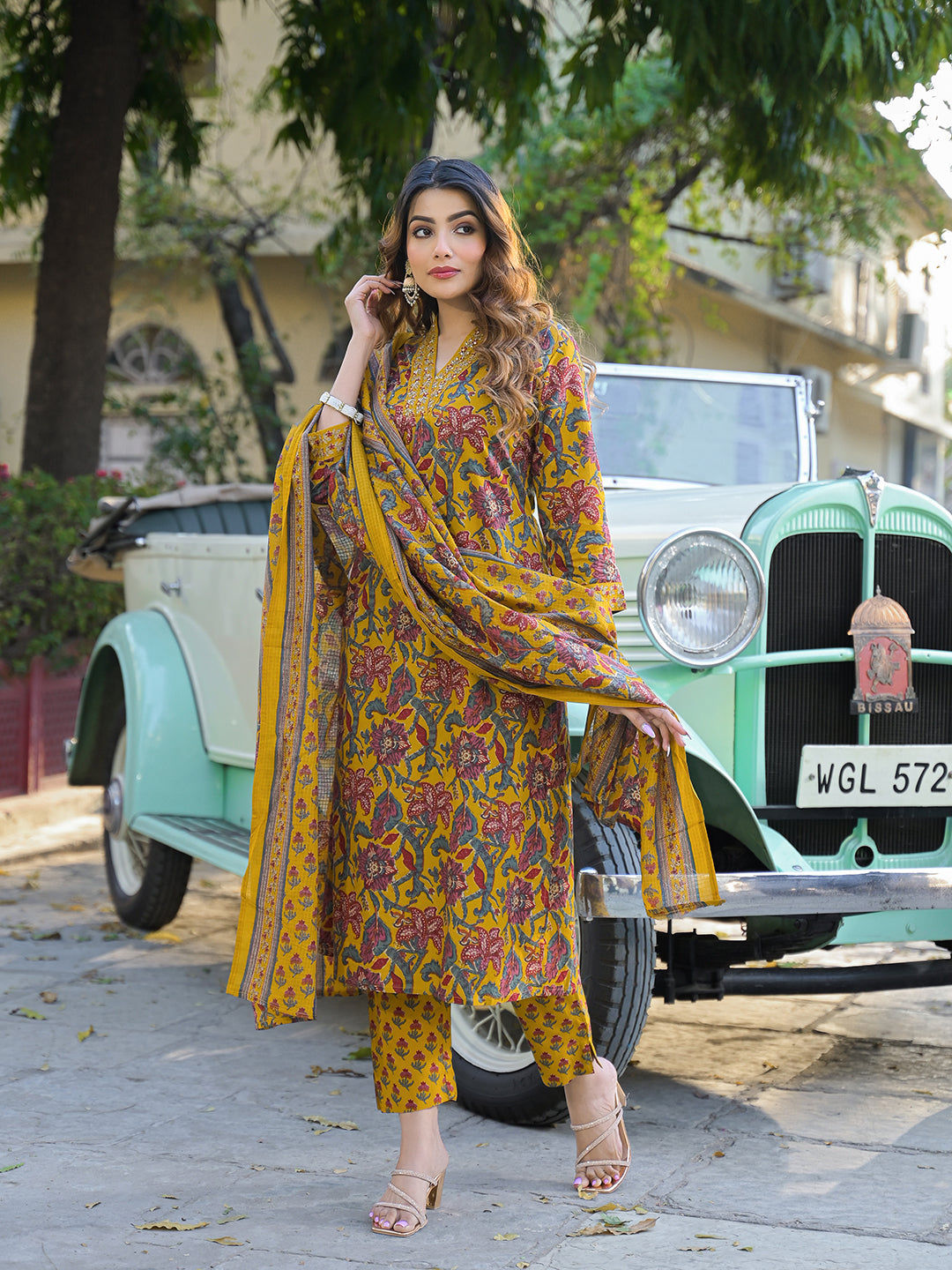 Yellow Floral Print Cotton Fabric A-Line Kurta Pant With Dupatta