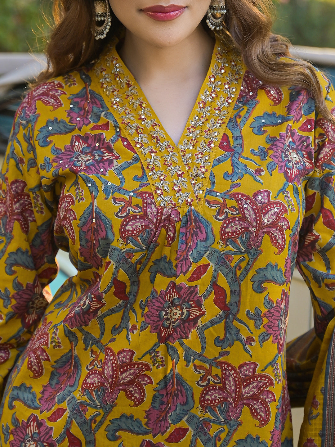 Yellow Floral Print Cotton Fabric A-Line Kurta Pant With Dupatta