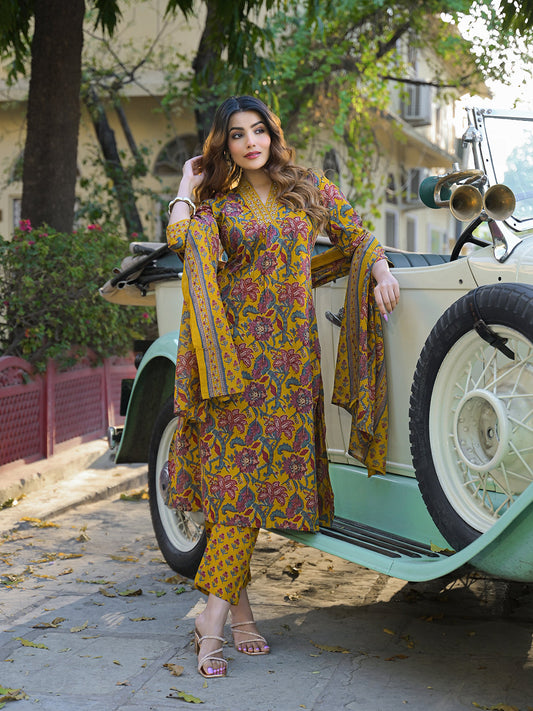 Yellow Floral Print Cotton Fabric A-Line Kurta Pant With Dupatta