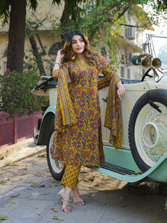 Yellow Floral Print Cotton Fabric A-Line Kurta Pant With Dupatta