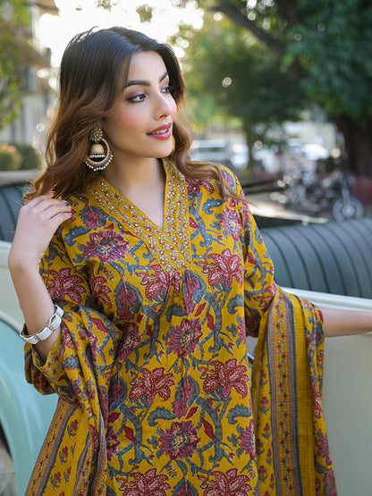 Yellow Floral Print Cotton Fabric A-Line Kurta Pant With Dupatta