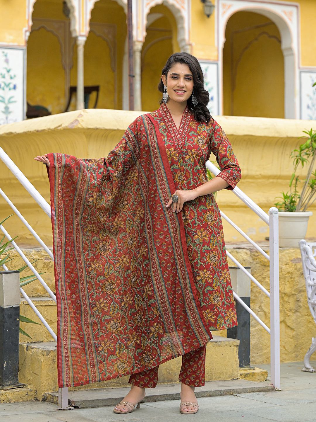 Maroon Cotton V-neck Kurta Pant Set with Dupatta