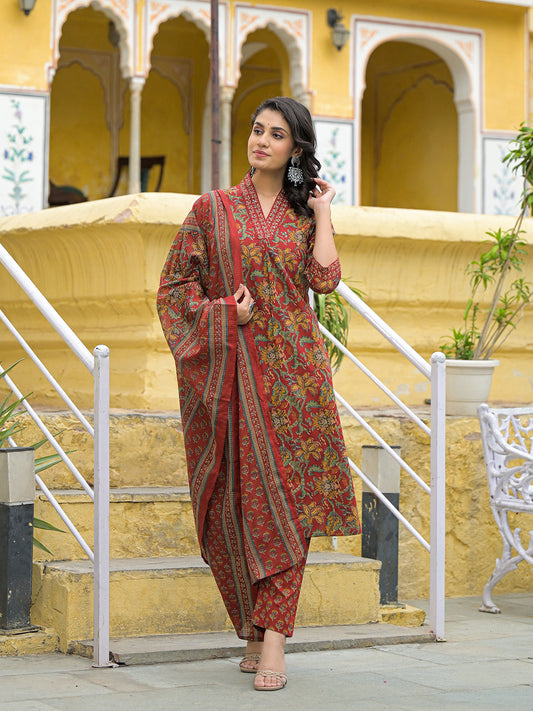Maroon Cotton V-neck Kurta Pant Set with Dupatta