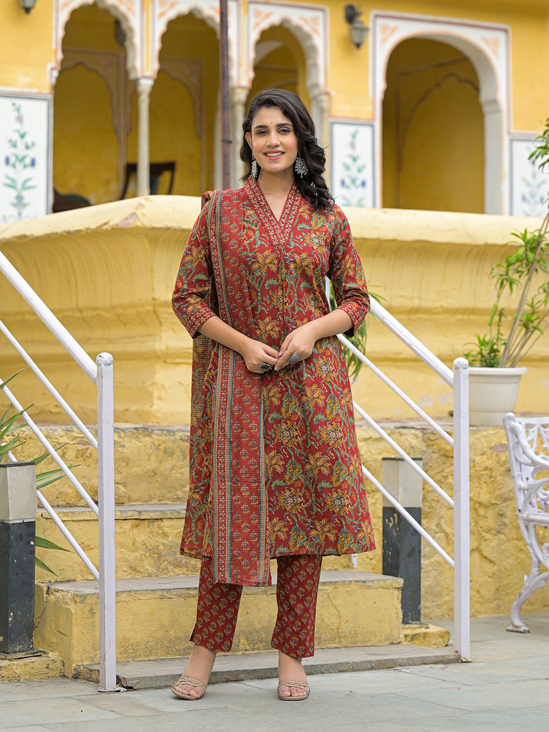 Maroon Cotton V-neck Kurta Pant Set with Dupatta