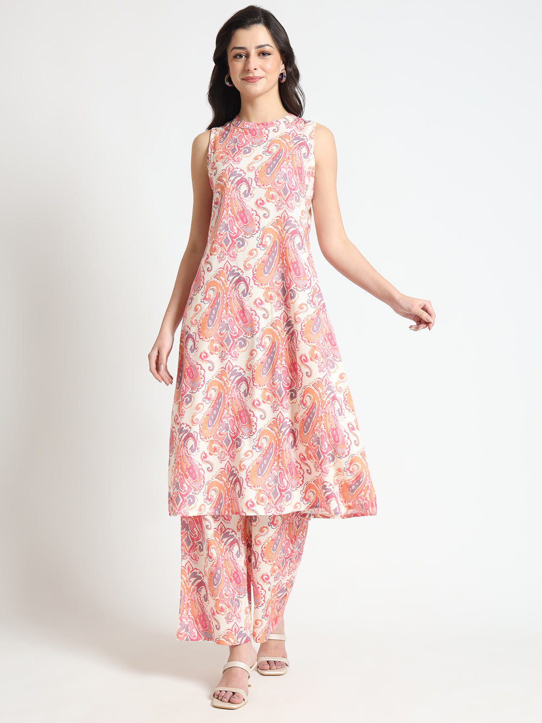 Cream Floral Print Rayon Fabric Co-ord set