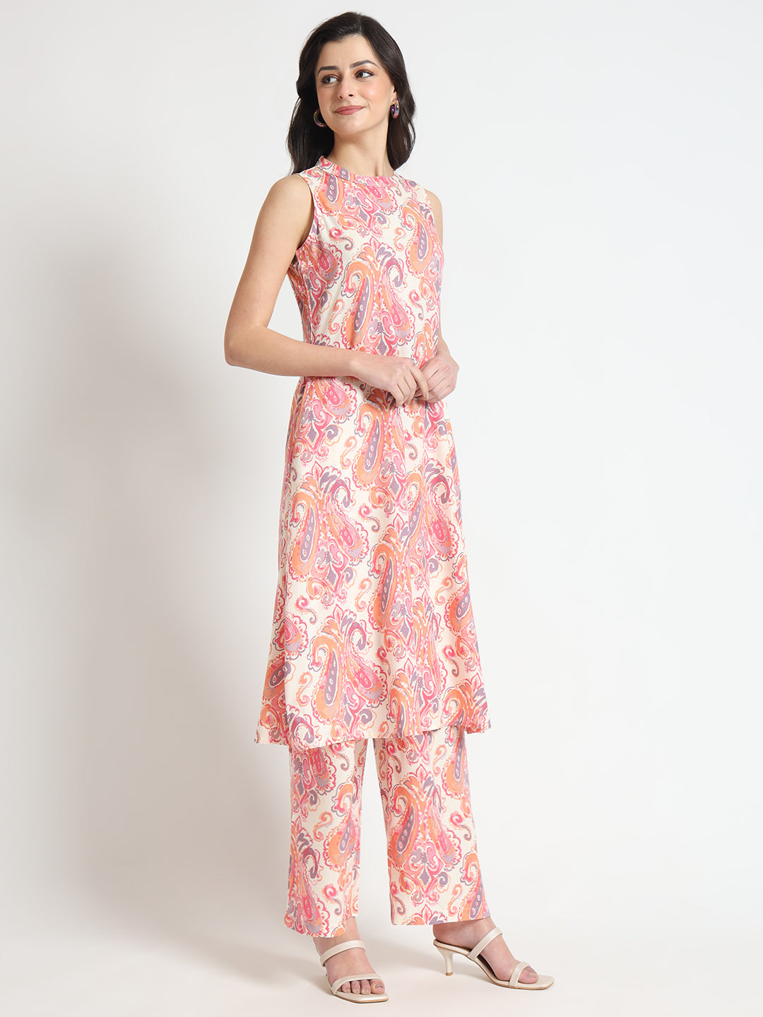 Cream Floral Print Rayon Fabric Co-ord set