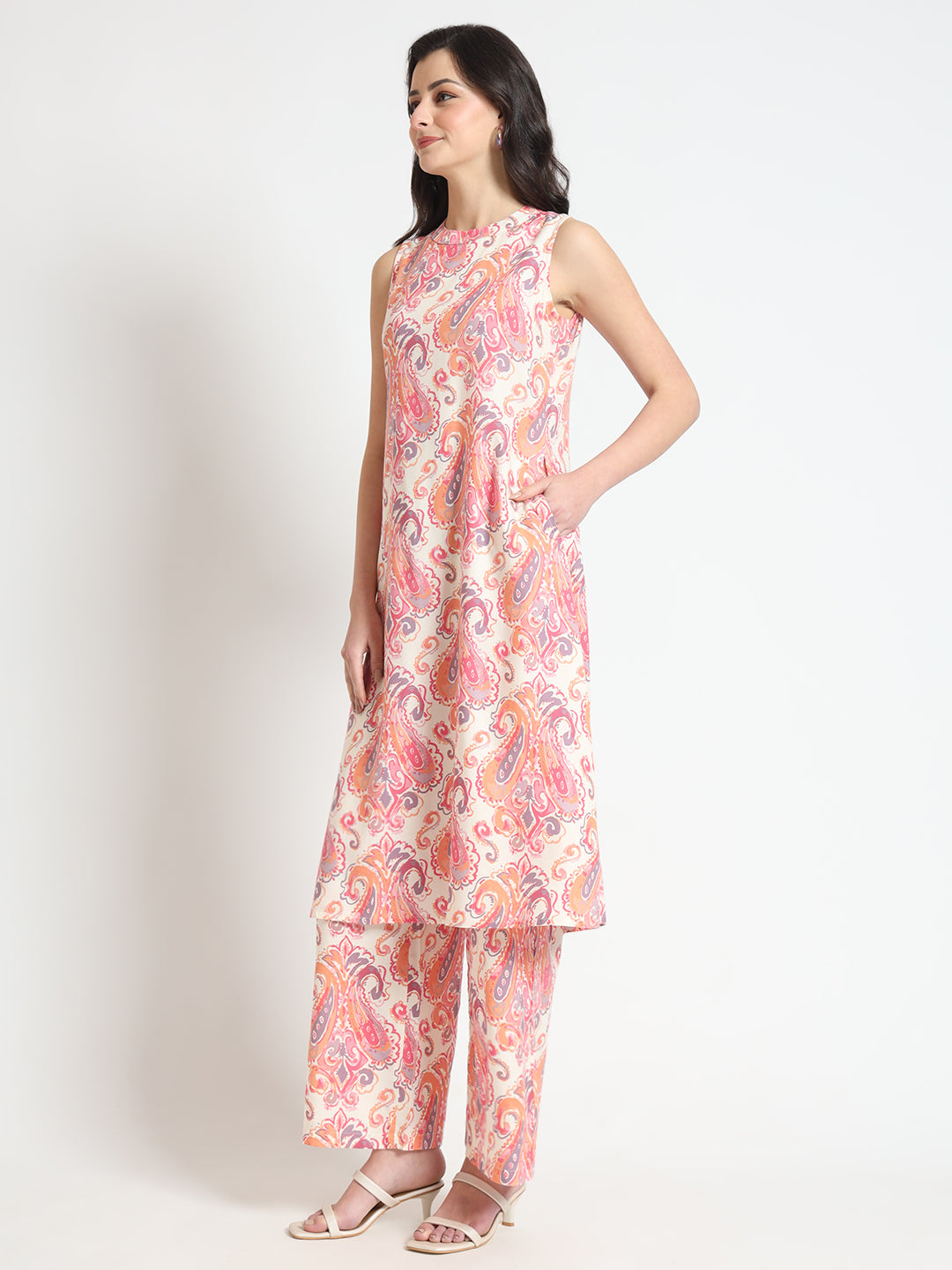 Cream Floral Print Rayon Fabric Co-ord set
