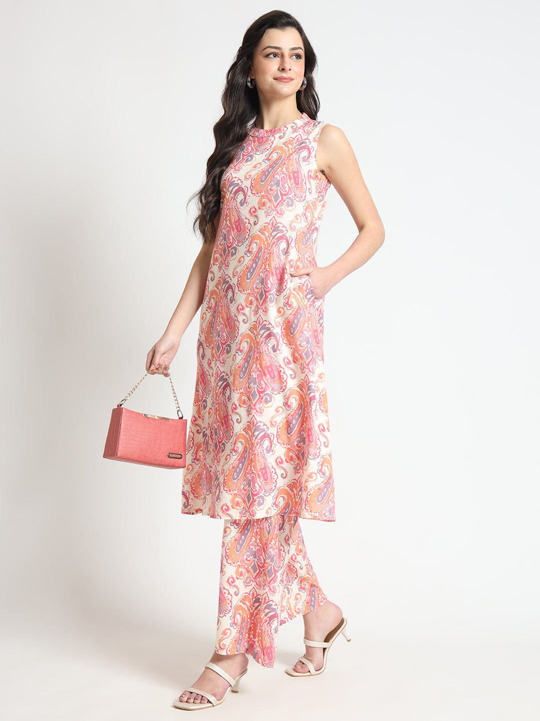 Cream Floral Print Rayon Fabric Co-ord set