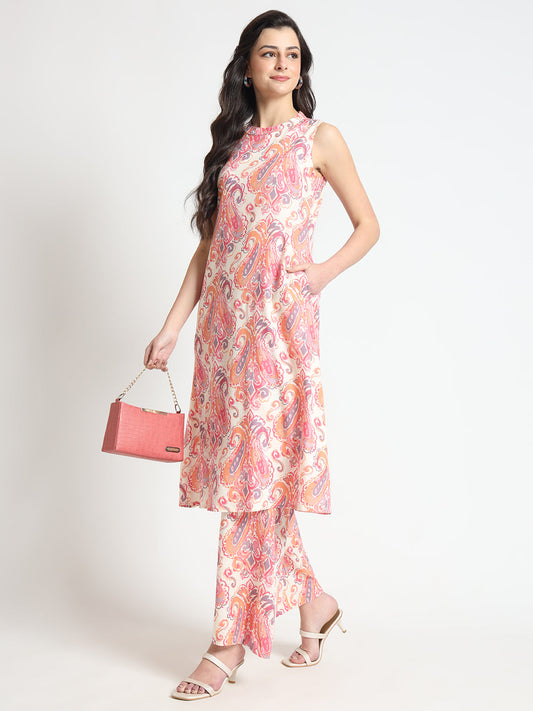 Cream Floral Print Rayon Fabric Co-ord set