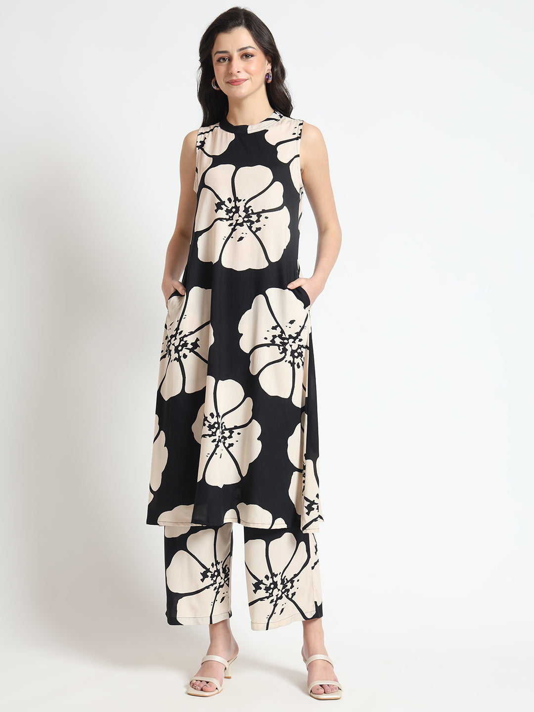 Black Floral Print Rayon Sleeveless Co-ord Set