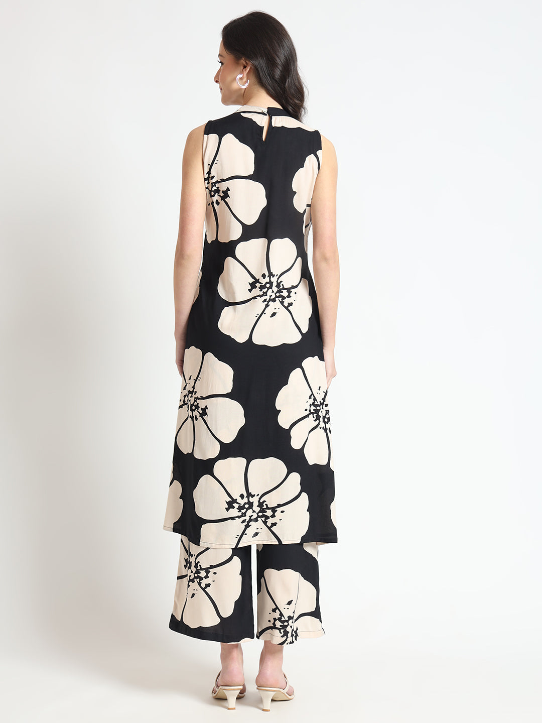 Black Floral Print Rayon Sleeveless Co-ord Set