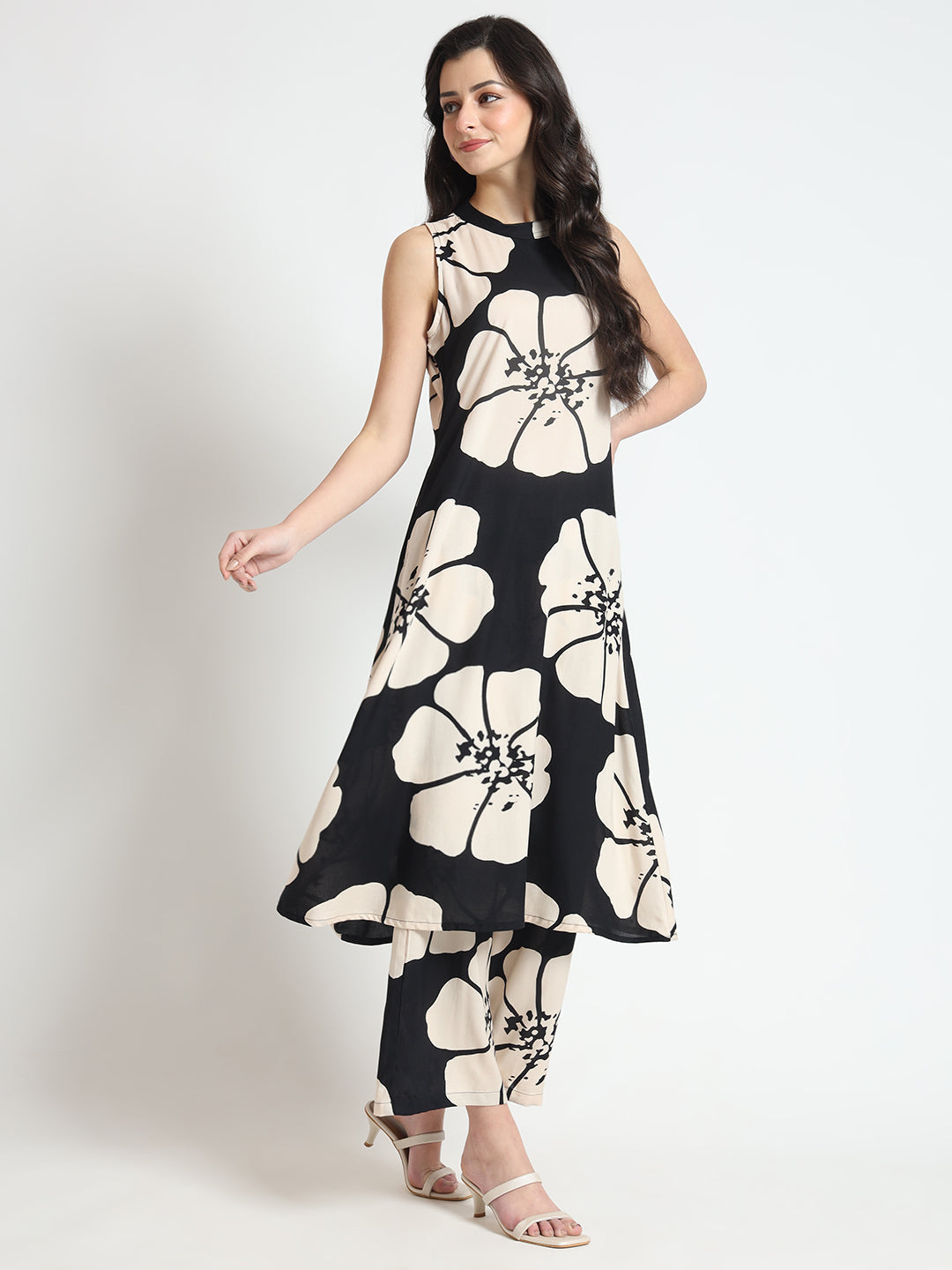 Black Floral Print Rayon Sleeveless Co-ord Set