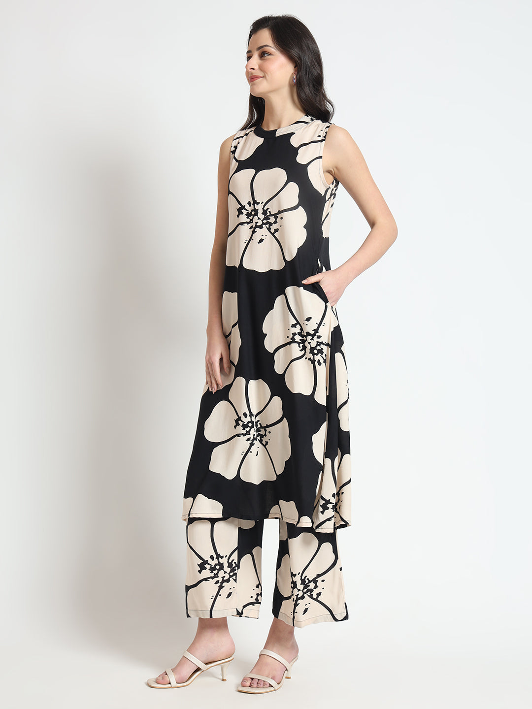 Black Floral Print Rayon Sleeveless Co-ord Set
