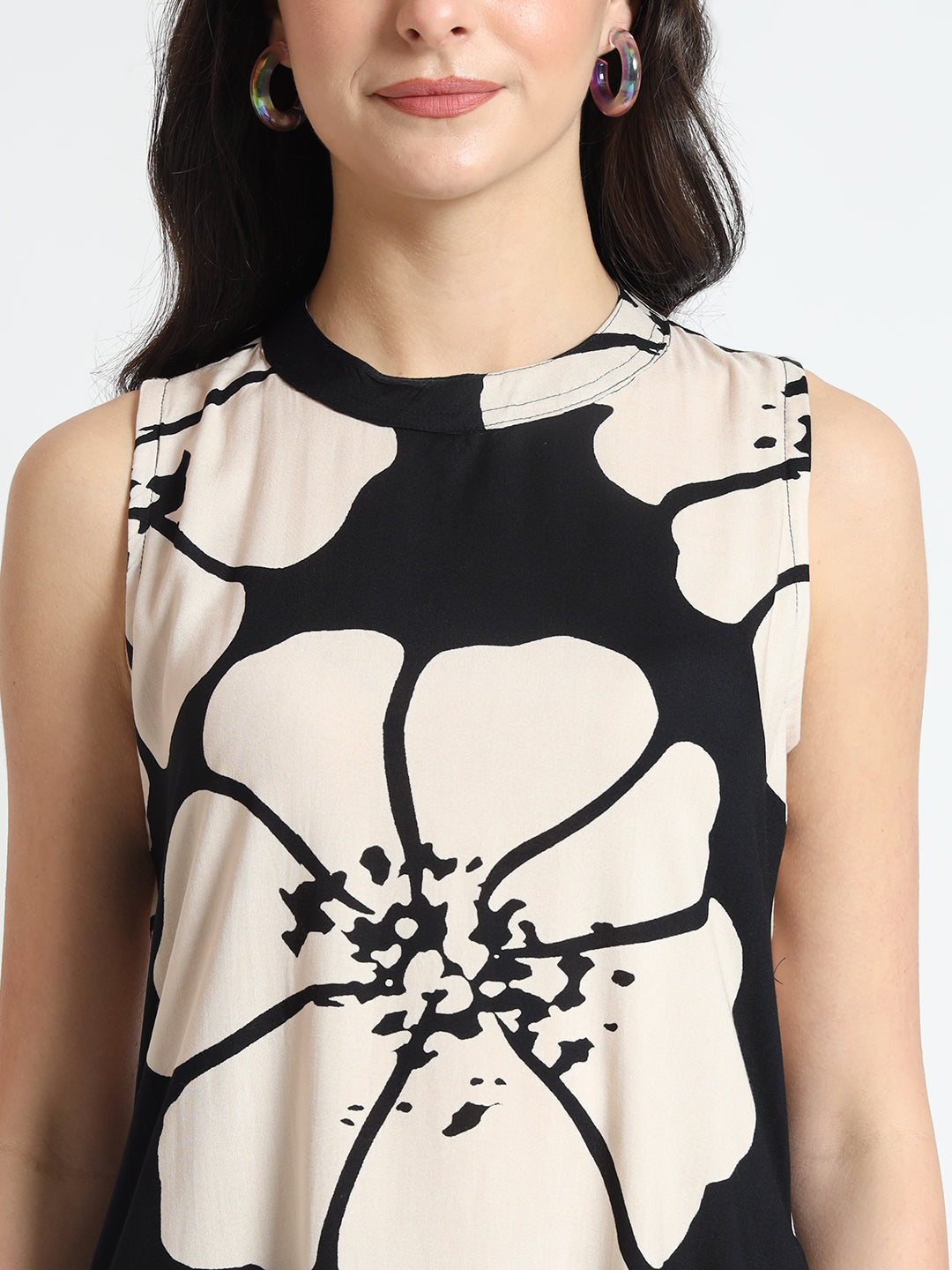 Black Floral Print Rayon Sleeveless Co-ord Set