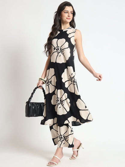 Black Floral Print Rayon Sleeveless Co-ord Set