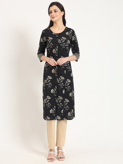 Black Floral Print Cotton Fabric A-line Kurta