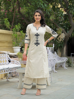 Off White Solid Black Embroidery Kurta Pant Set