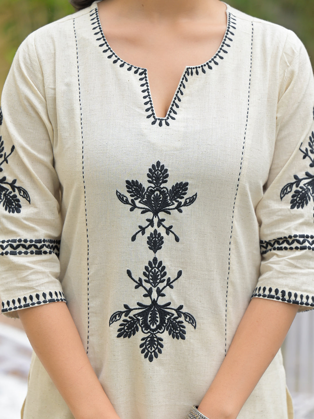 Off White Solid Black Embroidery Kurta Pant Set