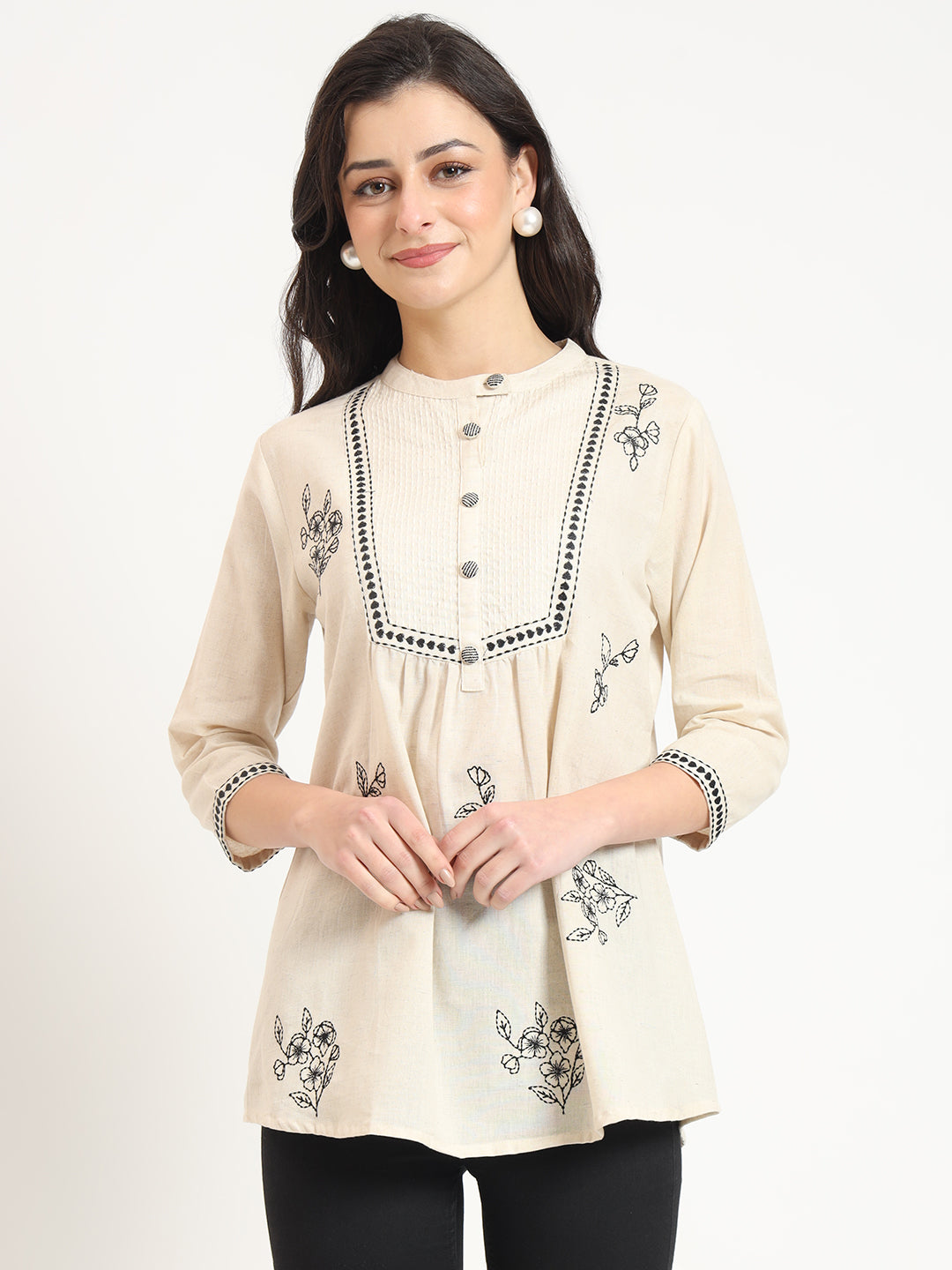 Off White Cotton Round Neck Embroidery Top