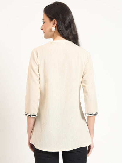 Off White Cotton Round Neck Embroidery Top
