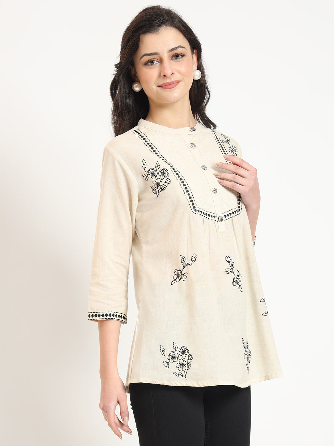 Off White Cotton Round Neck Embroidery Top