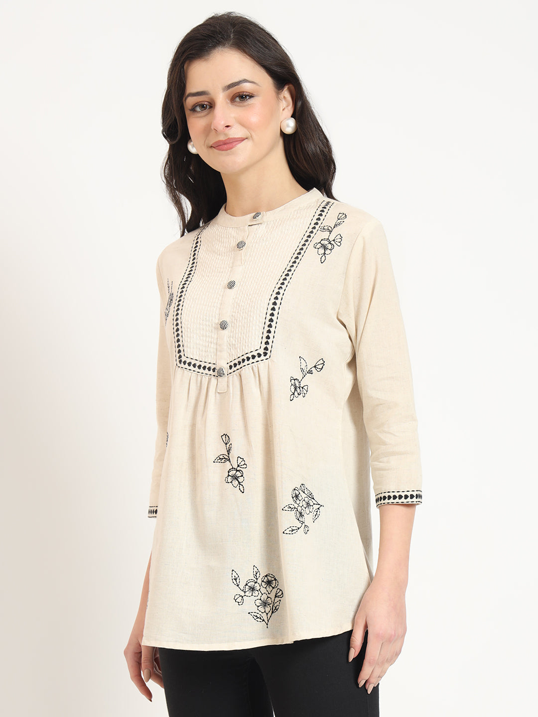 Off White Cotton Round Neck Embroidery Top