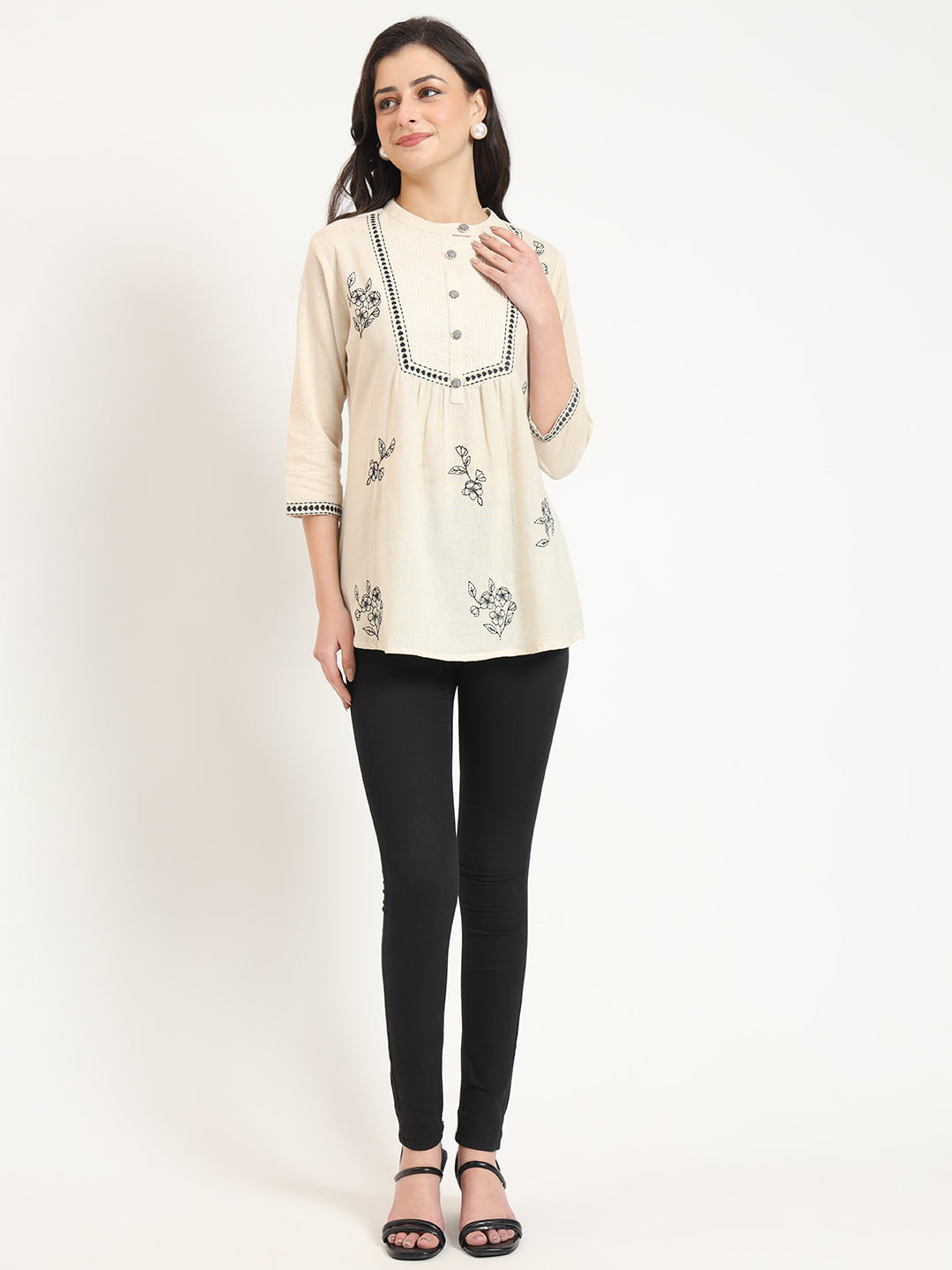 Off White Cotton Round Neck Embroidery Top