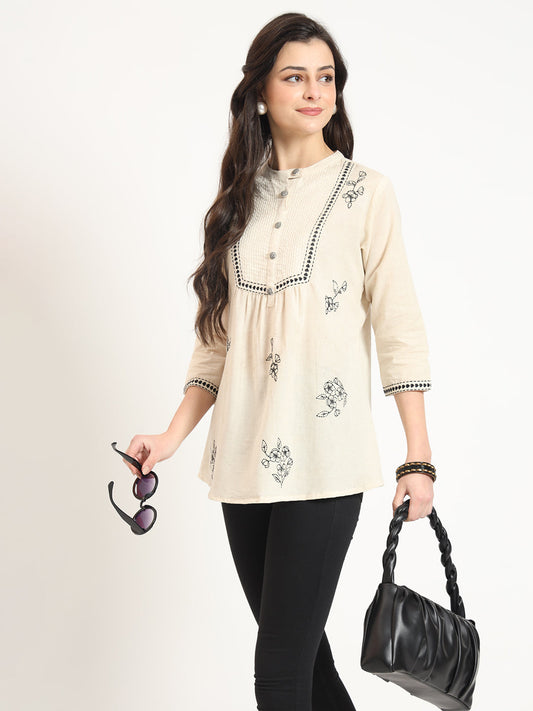 Off White Cotton Round Neck Embroidery Top