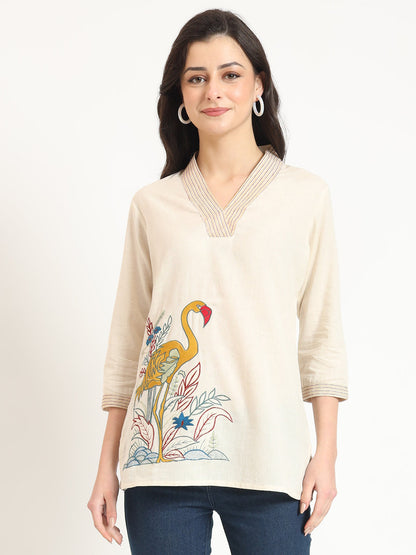 Off White Cotton V-Neck Embroidery Top