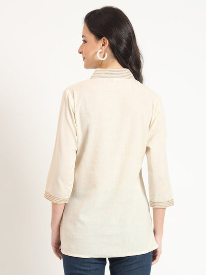 Off White Cotton V-Neck Embroidery Top