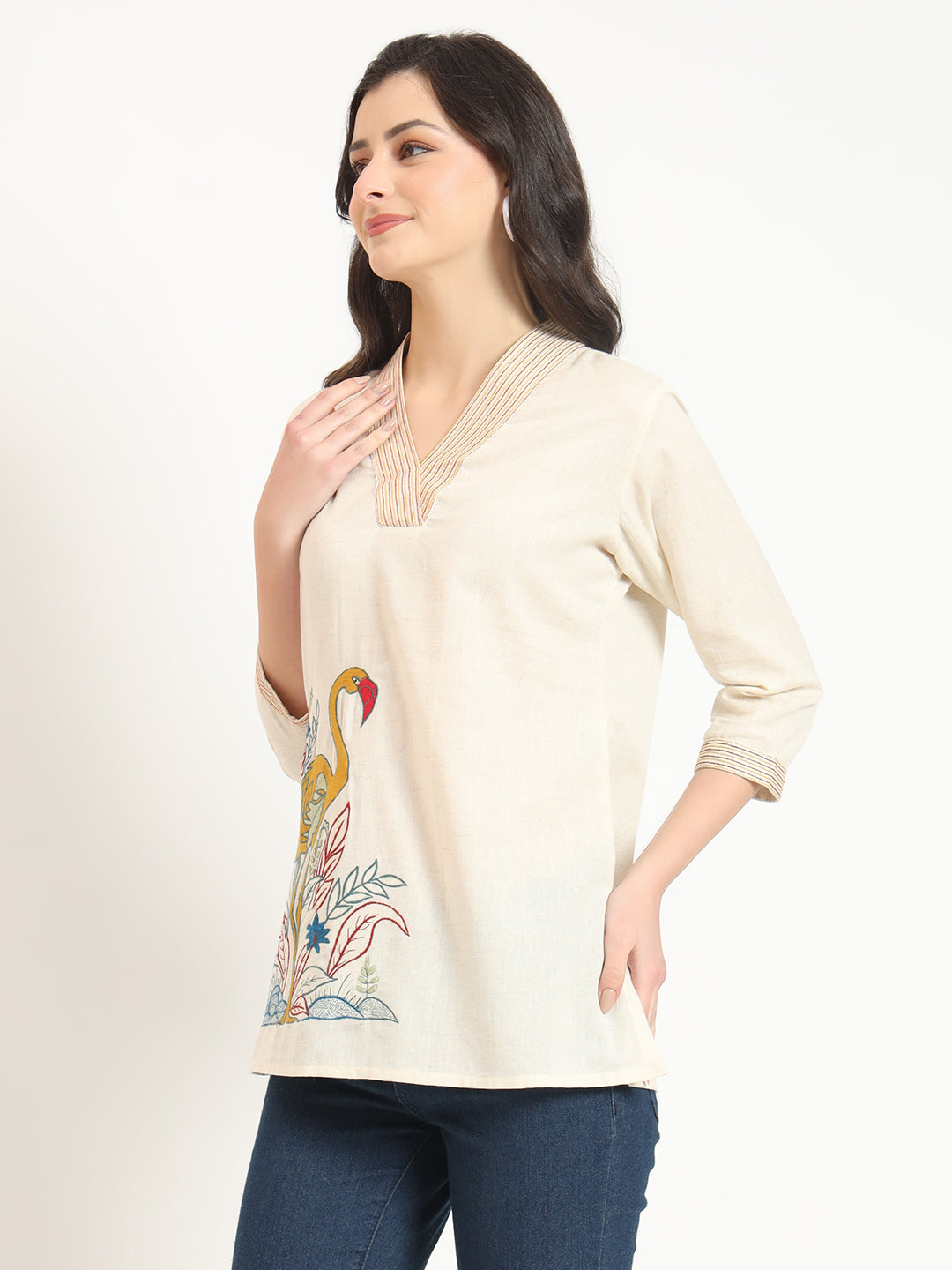 Off White Cotton V-Neck Embroidery Top