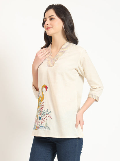Off White Cotton V-Neck Embroidery Top