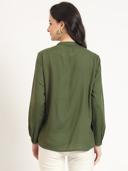Olive Solid Print Rayon Pintuck Detailing Top