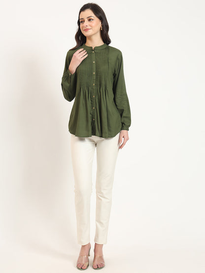 Olive Solid Print Rayon Pintuck Detailing Top
